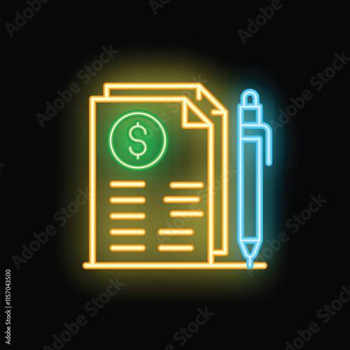 Glowing neon icon representing financial documents with dollar sign and pen, symbolizing business deals and financial transactions