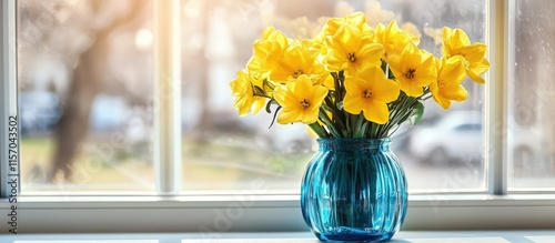 Bright yellow flowers in a blue glass vase creating a vibrant decor on a sunlit windowsill with a serene outdoor view. photo