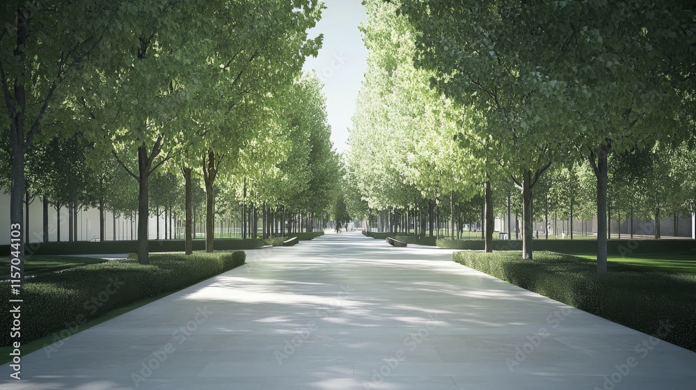 Fototapeta premium Peaceful tree-lined pathway in a green setting.