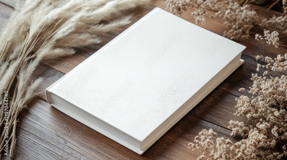 Fototapeta premium Minimalist white book mockup surrounded by pampas grass on a rustic wooden table perfect for branding and design presentations