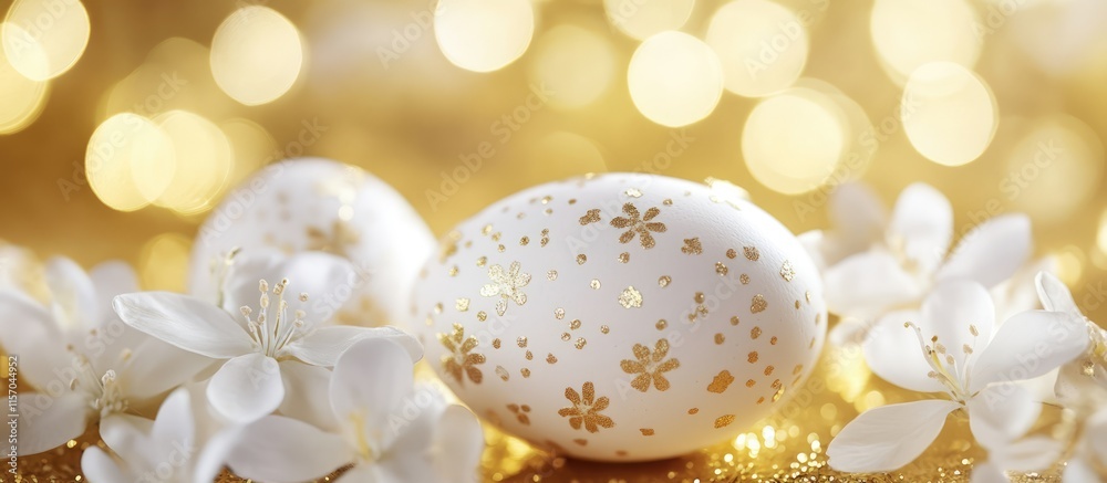 Elegant white Easter eggs with floral designs on a shimmering gold background symbolizing religious traditions and festive celebrations. Elegant white Easter eggs with floral designs on a shimmering gold background symbolizing religious traditions and festive celebrations.