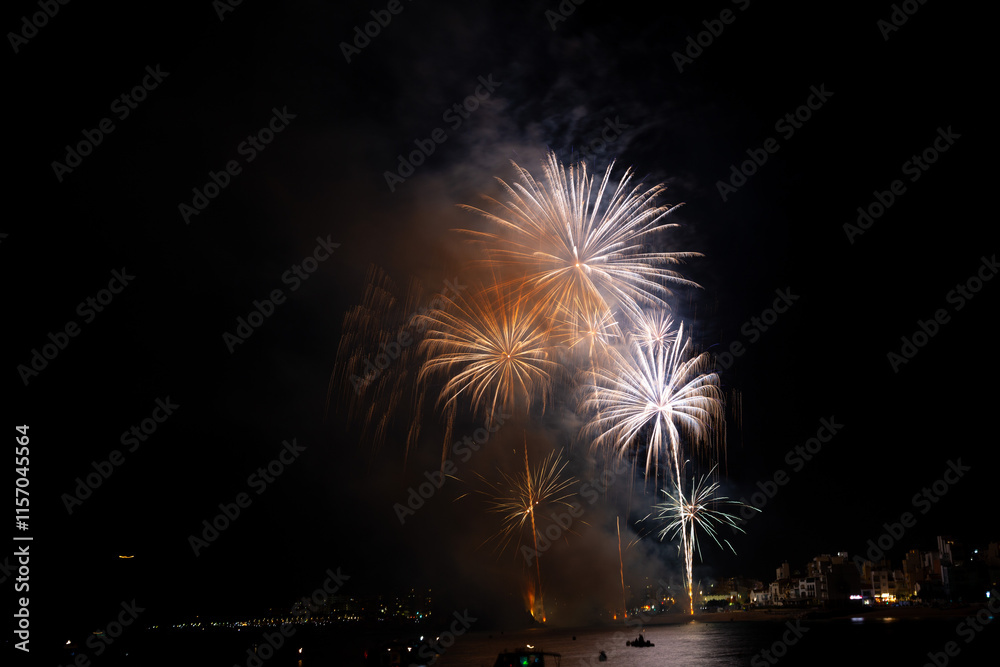 Colorful fireworks exploding over boats at night
