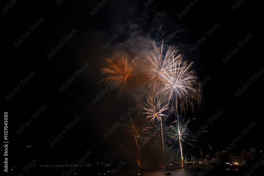 Colorful fireworks exploding over boats at night