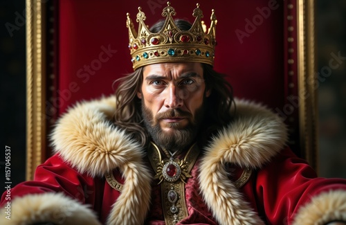 Powerful medieval king sits on throne. Majestic ruler wears golden crown, red robe with fur cape. Rich luxury. Historical figure. Royal portrait. Dominant posture. Ancient power. History photo.