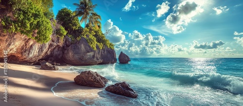 Serene tropical beach landscape with vibrant blue waters and lush greenery under a sunny sky for travel and relaxation themes photo