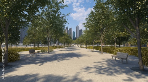 Scenic park pathway with urban skyline view. photo