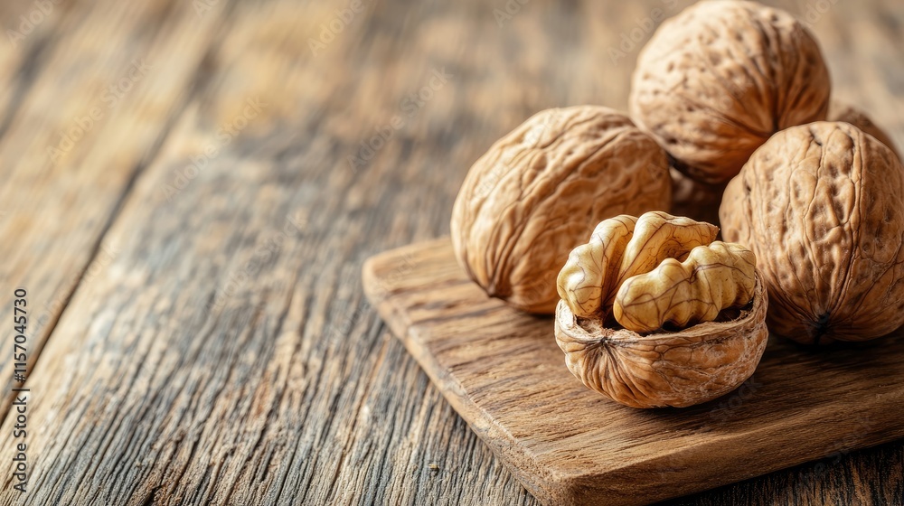 Walnuts on rustic wooden table showcasing whole and cracked shells with natural textures and copy space for culinary or health themes Walnuts on rustic wooden table showcasing whole and cracked shells with natural textures and copy space for culinary or health themes