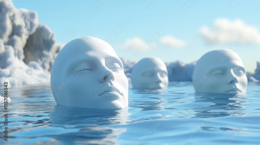 Naklejka premium Serene faces floating in tranquil blue waters.