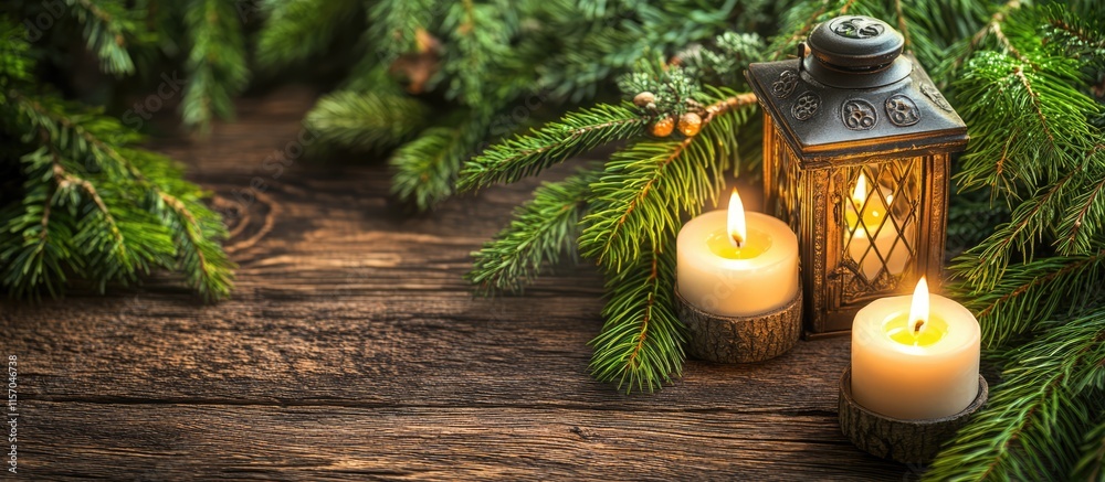 Warm festive scene with candles fir branches and lantern on rustic wooden table ideal for creating a cozy holiday atmosphere Warm festive scene with candles fir branches and lantern on rustic wooden table ideal for creating a cozy holiday atmosphere