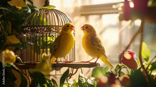 Two Yellow Birds in a Cozy Room Surrounded by Flowers and Light