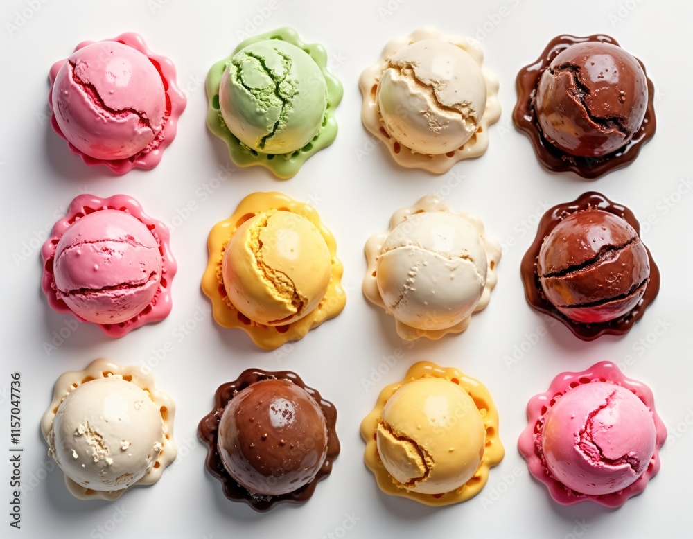 Top view of assorted ice cream scoops on transparent background. Colorful ice cream balls in various flavors. Mockup template for design. Different ice cream flavors like vanilla, chocolate, matcha, Top view of assorted ice cream scoops on transparent background. Colorful ice cream balls in various flavors. Mockup template for design. Different ice cream flavors like vanilla, chocolate, matcha,