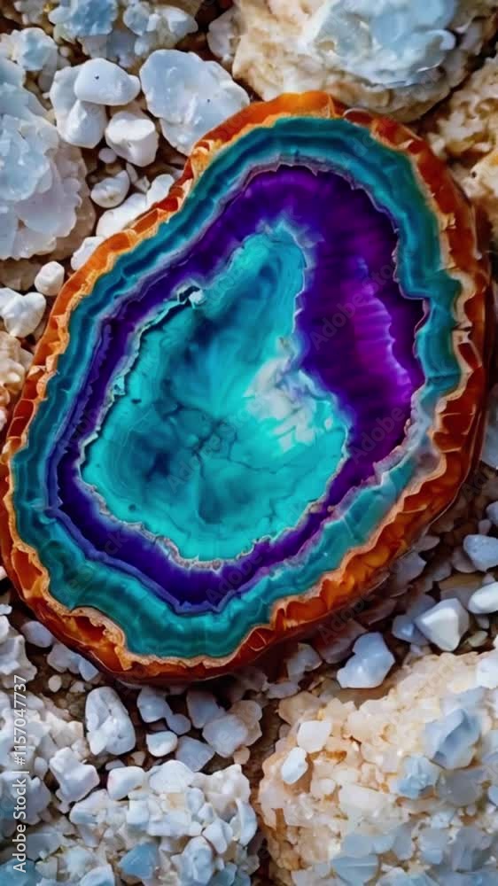Cross-section view of an agate stone with vivid turquoise and purple layers enhanced by a pearlescent sheen, 4k High-Quality Wallpaper Background Animation Video Cross-section view of an agate stone with vivid turquoise and purple layers enhanced by a pearlescent sheen, 4k High-Quality Wallpaper Background Animation Video