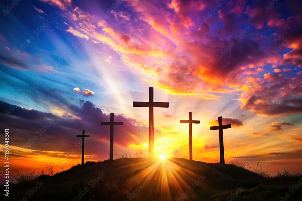Silhouette of Three Crosses with Watercolor Splashes: Christian Worship and Praise Stock Photo Silhouette of Three Crosses with Watercolor Splashes: Christian Worship and Praise Stock Photo