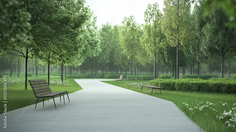 Fototapeta premium Serene park pathway with lush greenery surrounding.
