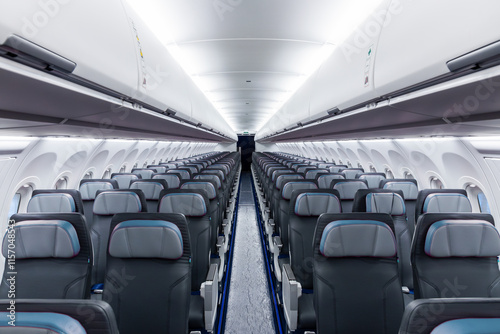 Inside view of empty airplane cabin with modern cabin interior in economy class photo