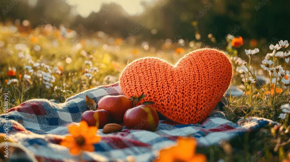 Fototapeta premium A Cozy Heart on a Blanket Surrounded by Flowers and Fruits in a Sunny Field