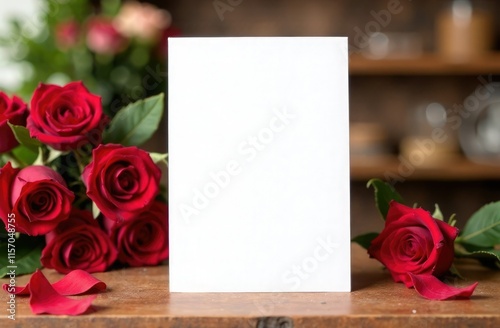 Layout of card with a bouquet of red roses on wooden table and a white blank sheet of paper for the text of a congratulation or holiday message. Mockup for Valentine's Day, Women's Day or Mother's Day