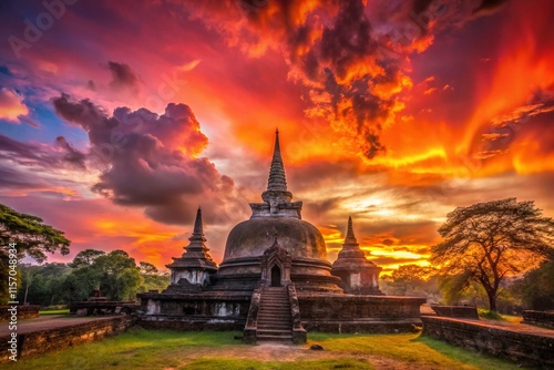 Silhouette Panorama: Ancient Polonnaruwa Ruins & Rankot Vihara at Sunset photo