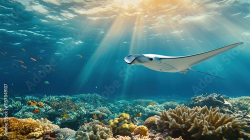 A majestic manta ray gliding over a coral reef teeming with life.