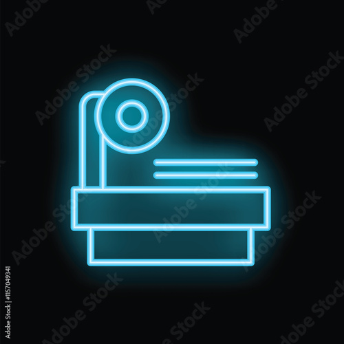 Bright glowing neon tape dispenser icon, vibrant office supply symbol in blue neon color scheme on black background