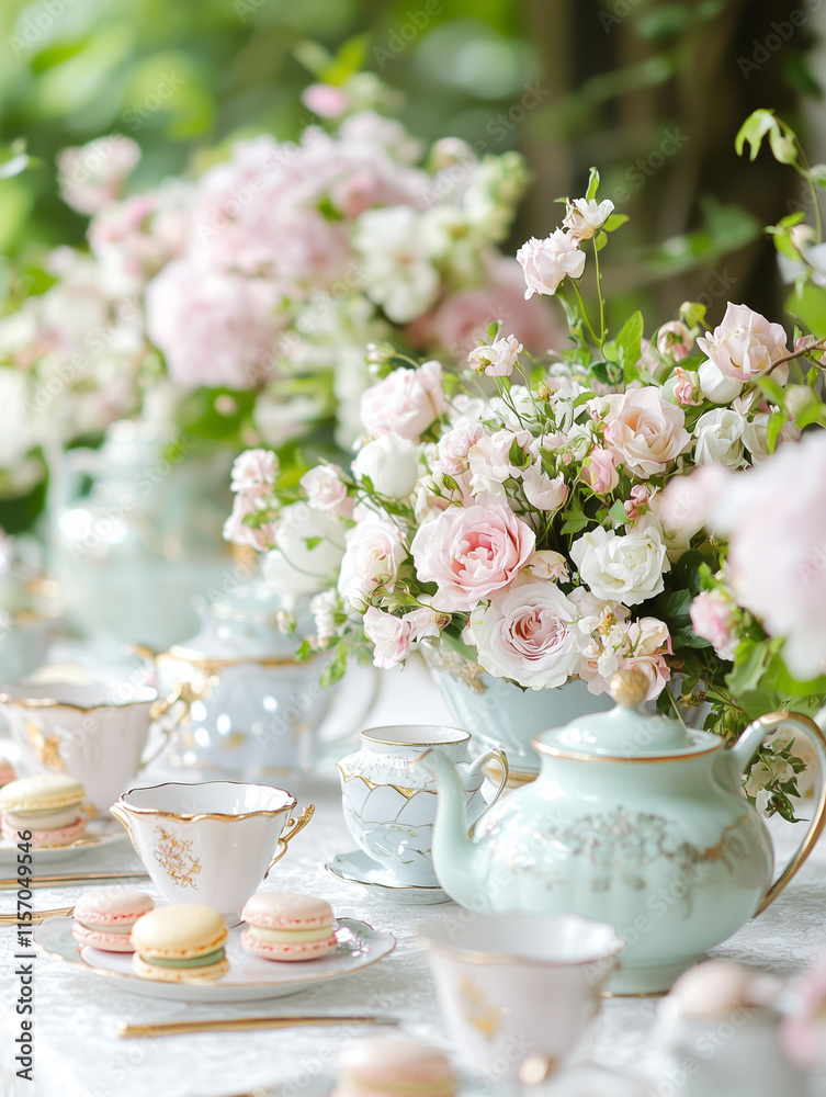 An elegant tea party with a modern twist: ornate teapots, pastel macarons An elegant tea party with a modern twist: ornate teapots, pastel macarons