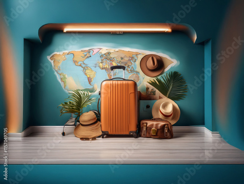 A teal alcove displays a packed suitcase ready for travel, surrounded by tropical plants, hats, and a world map backdrop.  It evokes a sense of wanderlust and adventure. photo