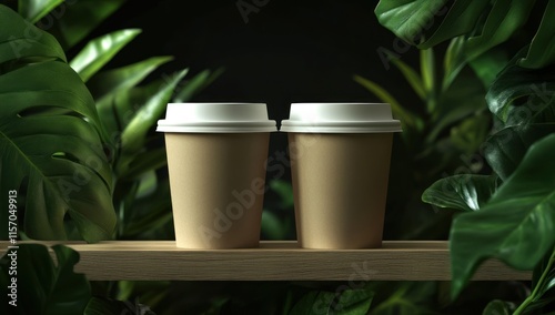 Brown Coffee Cups Tropical Leaves Wooden Shelf Dark Background