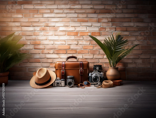 A vintage leather suitcase sits before a brick wall, flanked by tropical plants.  Nearby are cameras, a hat, sunglasses, and travel accessories, hinting at an upcoming adventure. photo