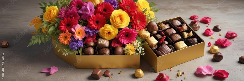 Obraz premium A beautiful golden box filled with assorted delicious chocolates and adorned with vibrant flowers, food presentation, sweet indulgence