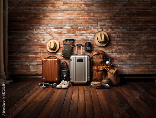 A collection of travel luggage and accessories arranged against a brick wall.  Ready for adventure.  Vintage and modern pieces combine for a journey. photo