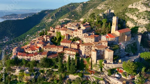 Sunrise aerial view of beautiful French Village of Eze on the Mediterranean Sea coast in French Riviera, Cote d'Azur vacation, holiday destination Eze village in south of France