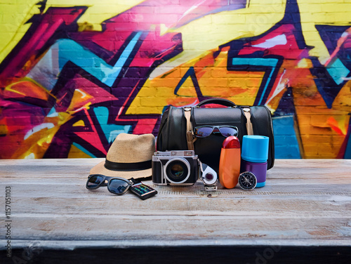 A rustic wooden surface displays travel essentials before a vibrant graffiti backdrop.  A duffel bag, camera, hat, sunglasses, sunscreen, and compass hint at an exciting journey. photo