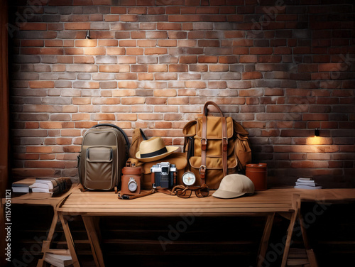 A rustic wooden table against a brick wall displays travel essentials: backpacks, hat, camera, compass, and more, ready for an adventure. photo