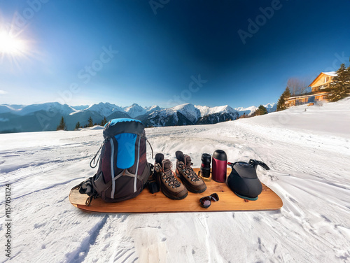 Winter adventure gear rests on a snowboard atop a snow-covered mountain slope, overlooking a breathtaking panoramic view of majestic peaks under a vibrant blue sky.  A cozy lodge is visible in the dis photo