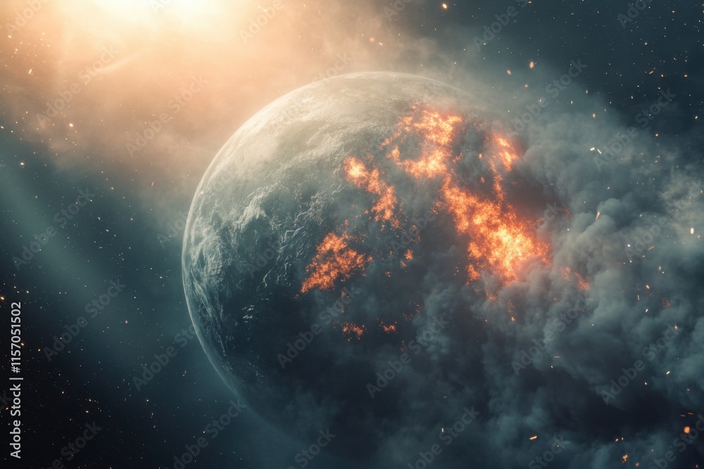 Obraz premium Destruction of a planet engulfed in flames and smoke amidst a cosmic backdrop