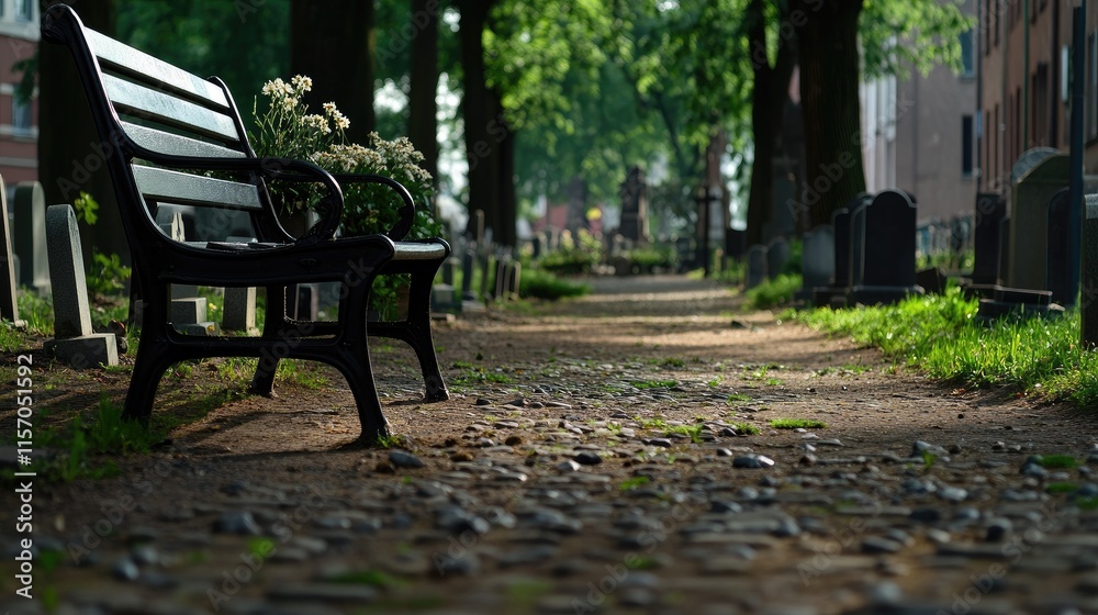 A peaceful spot featuring an empty bench in a cemetery, with tombstones, flowers, and greenery creating a somber atmosphere A peaceful spot featuring an empty bench in a cemetery, with tombstones, flowers, and greenery creating a somber atmosphere