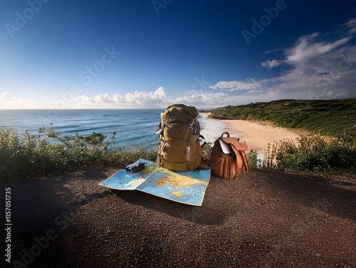 A panoramic ocean view is seen from a coastal clifftop.  Two backpacks and a map lie ready for an adventurous journey.  The sun shines brightly, promising a beautiful day of exploration.