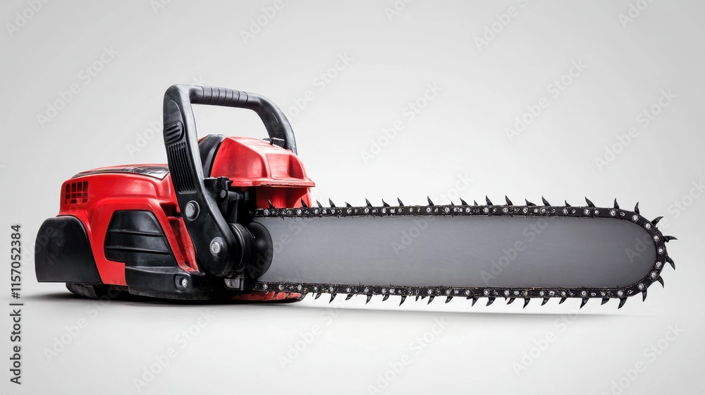 Red Chainsaw on Gray Background with Sharp Blade and Handle Red Chainsaw on Gray Background with Sharp Blade and Handle