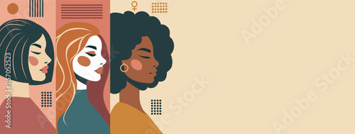 Portraits of beautiful women of different skin colors and hairstyles. Women's day, feminism day, equality day. Vector banner with space for text for women's holidays and projects