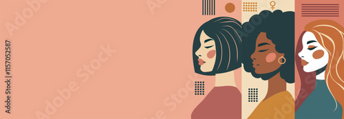 Women's day, feminism day, equality day. Portraits of beautiful women of different skin colors and hairstyles. Vector banner with space for text for women's holidays and projects