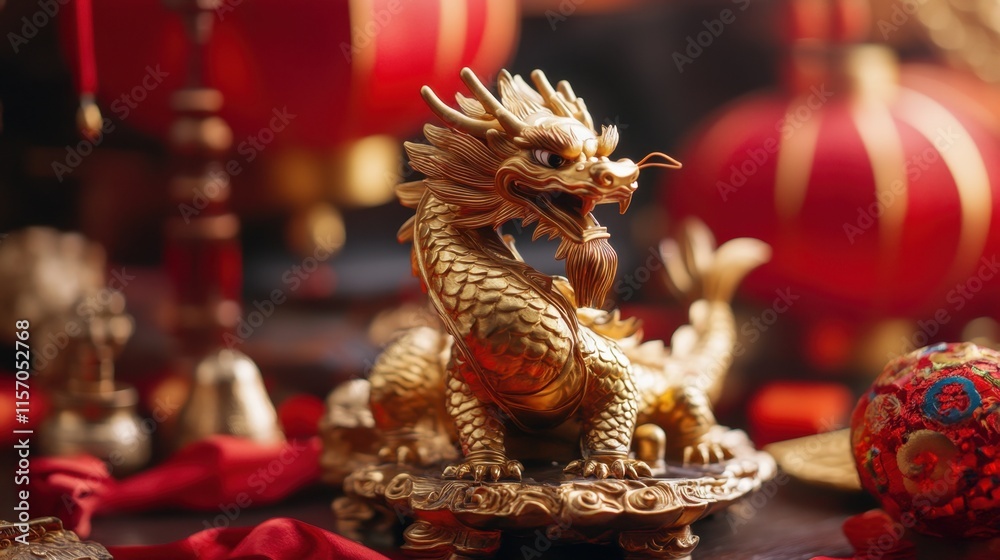 Fototapeta premium Golden Dragon Sculpture with Festive Decorations in Background