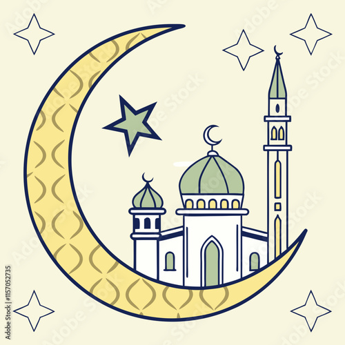 Simple Line Art Illustration of a Mosque Under a Crescent Moon