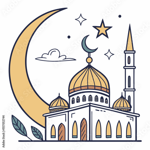 Simple Line Art Illustration of a Mosque Under a Crescent Moon
