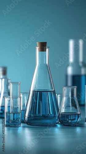 A collection of laboratory glassware filled with blue liquid, showcasing scientific experimentation.