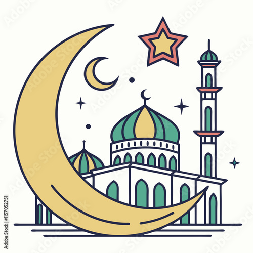 Simple Line Art Illustration of a Mosque Under a Crescent Moon