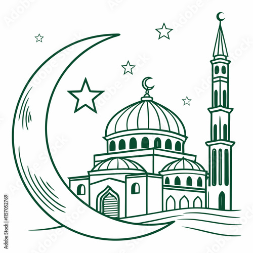 Simple Line Art Illustration of a Mosque Under a Crescent Moon