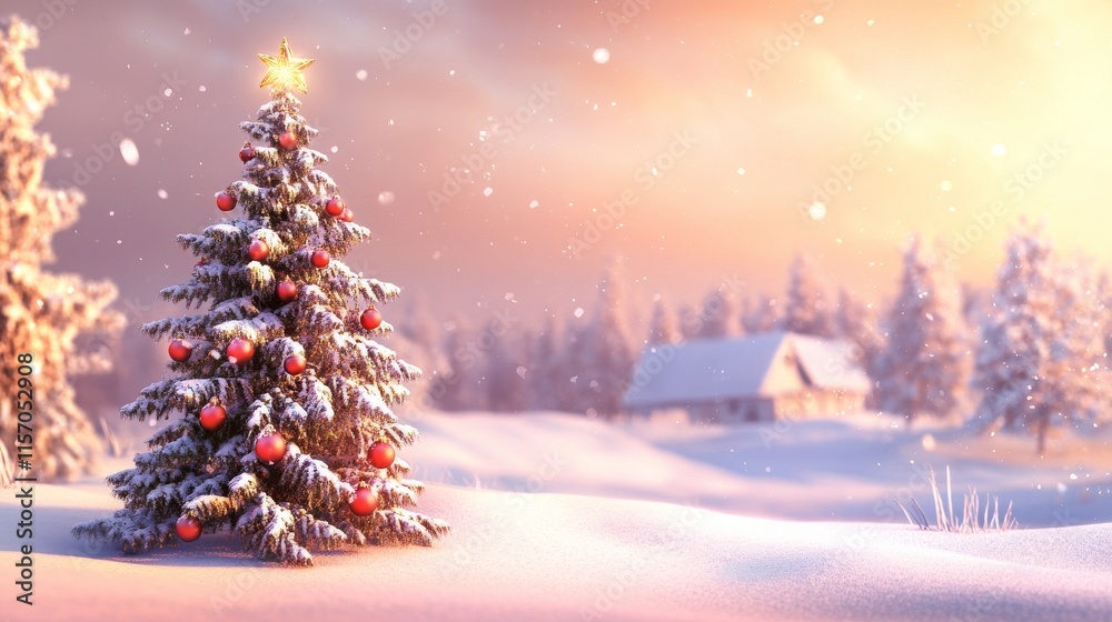 Obraz premium Snowy winter scene with a decorated Christmas tree.