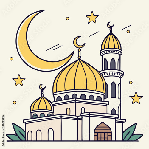 Simple Line Art Illustration of a Mosque Under a Crescent Moon