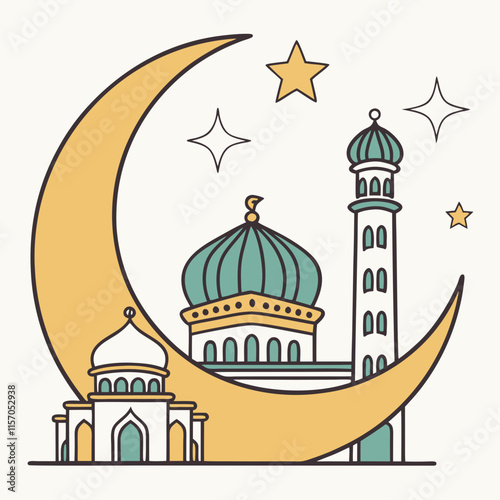 Simple Line Art Illustration of a Mosque Under a Crescent Moon