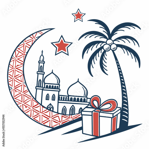 Simple Line Art Illustration of a Mosque Under a Crescent Moon